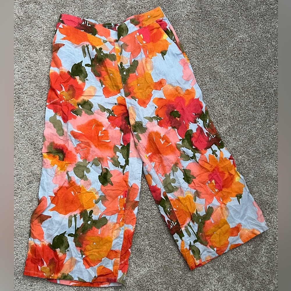 Joie 100% Linen Floral Pants XL Wide Leg Cropped